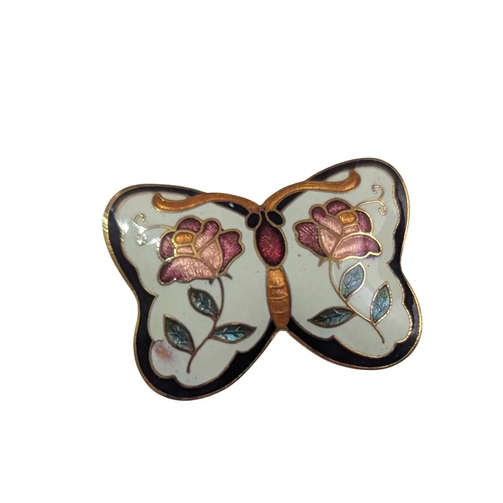 vtg Cloisonne Enamel Butterfly Scarf Clip Gold Tone Pink Rose Floral Accessory‎